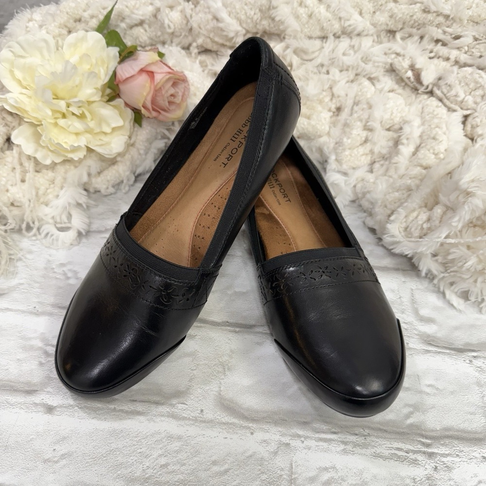 Rockport Cobb Hill Woman's Gigi Black Cut Out Leather Slip On Shoes Sz 10W Nice!